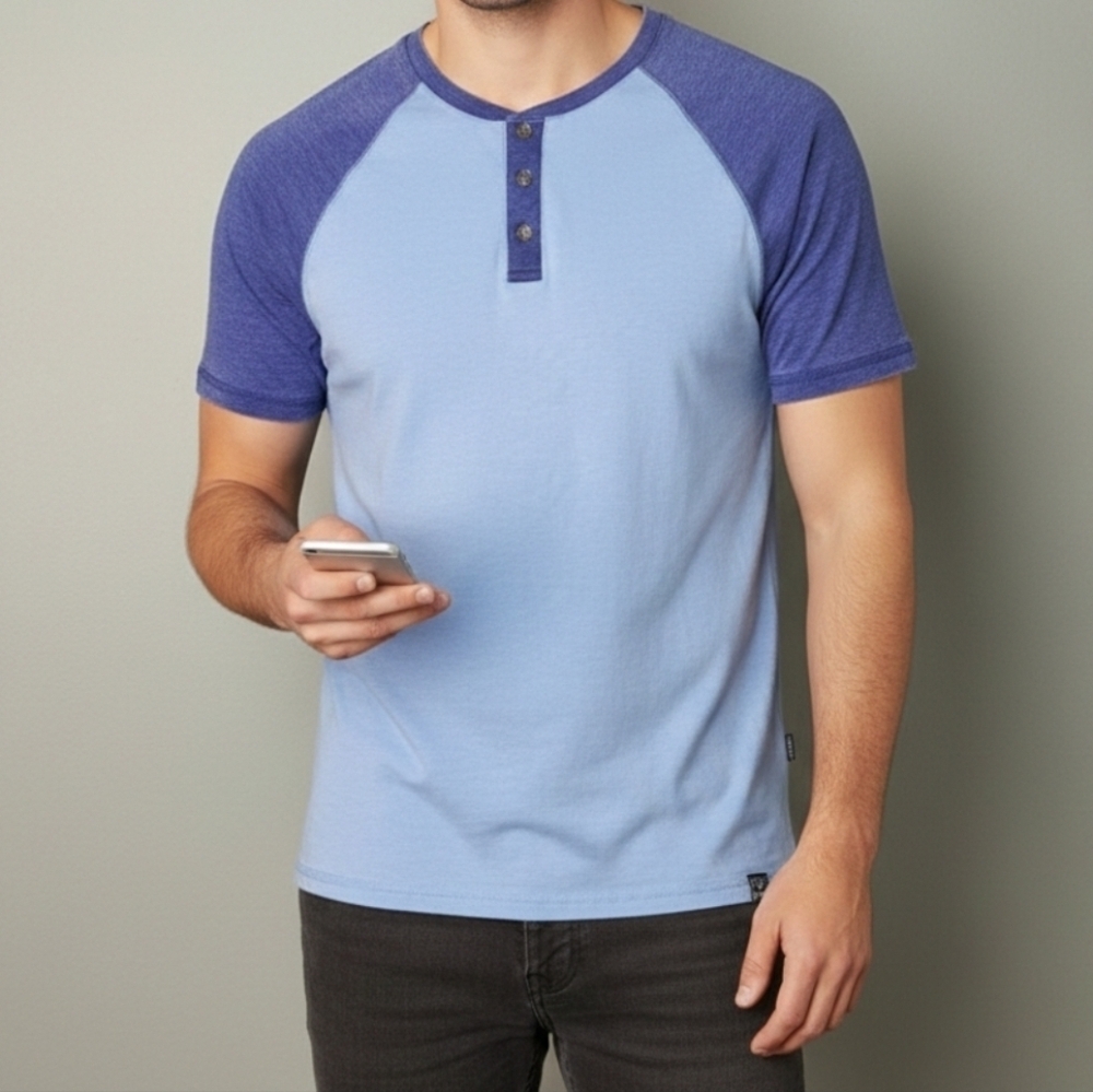 Flag & Anthem T-Shirt Men's 2 Tone Blue Henley Short Sleeve Lightweight, SMALL